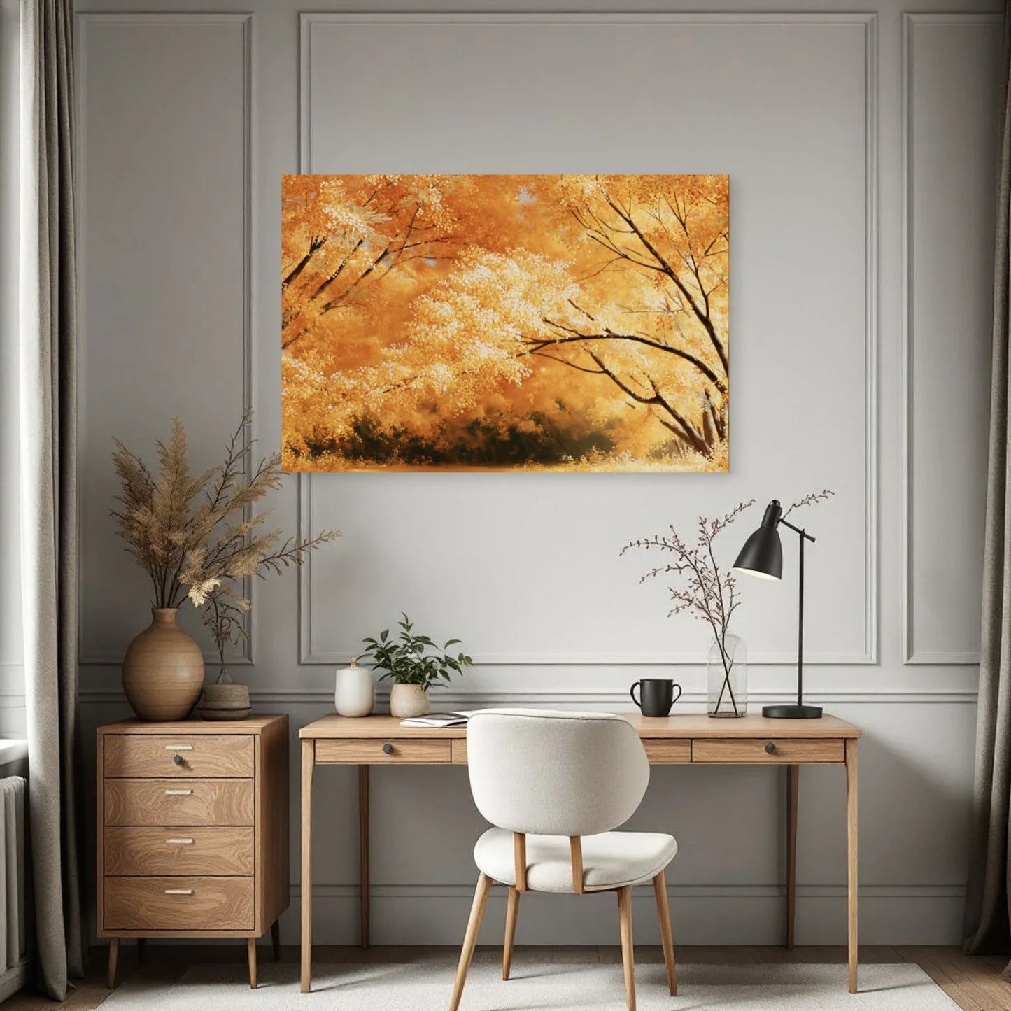 Paysage floral jaune aux branches sombres présenté dans un bureau naturel par Art Virtuoso