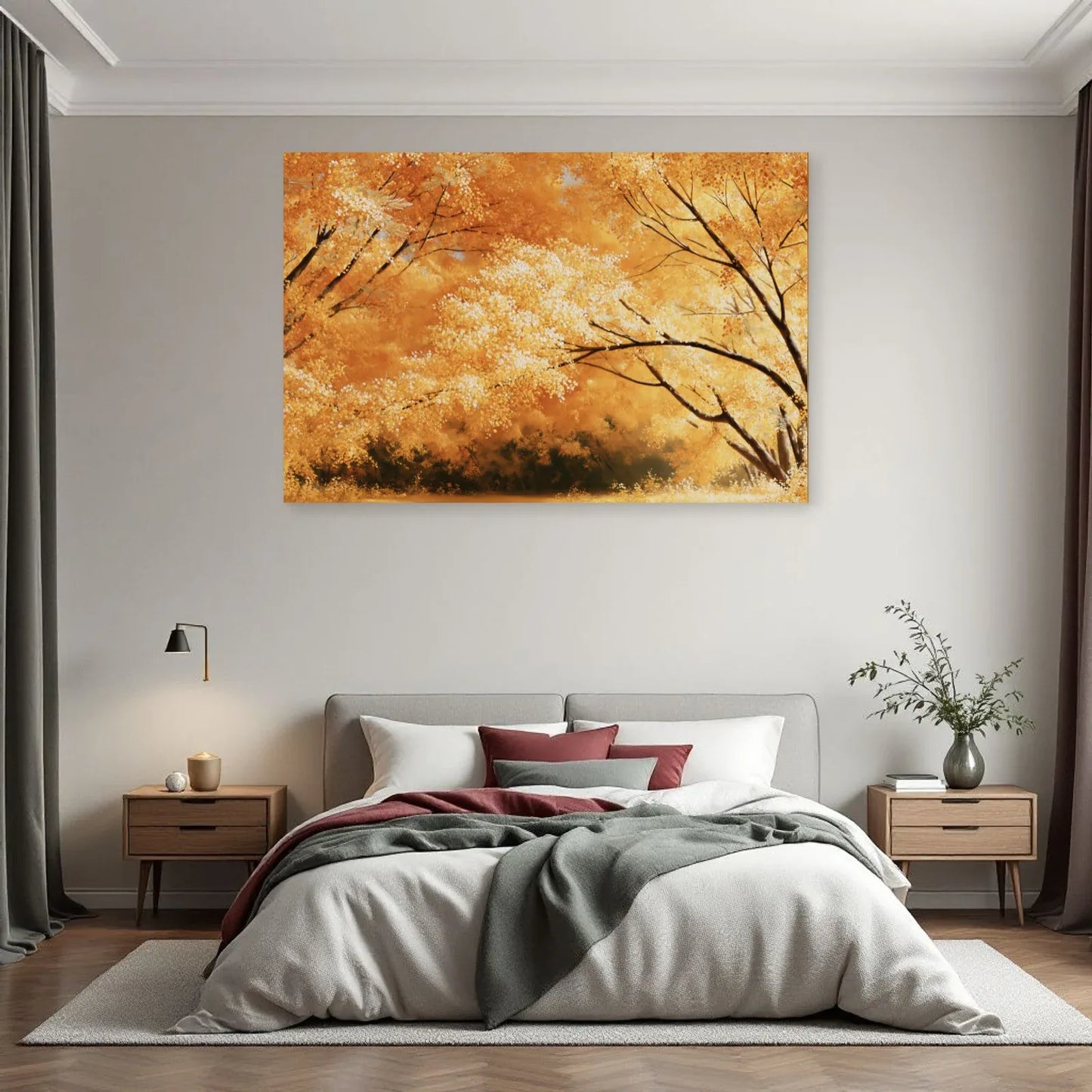 Toile panoramique de mimosa jaune exposée au-dessus d'un lit clair par Art Virtuoso