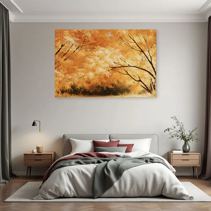 Toile panoramique de mimosa jaune exposée au-dessus d'un lit clair par Art Virtuoso