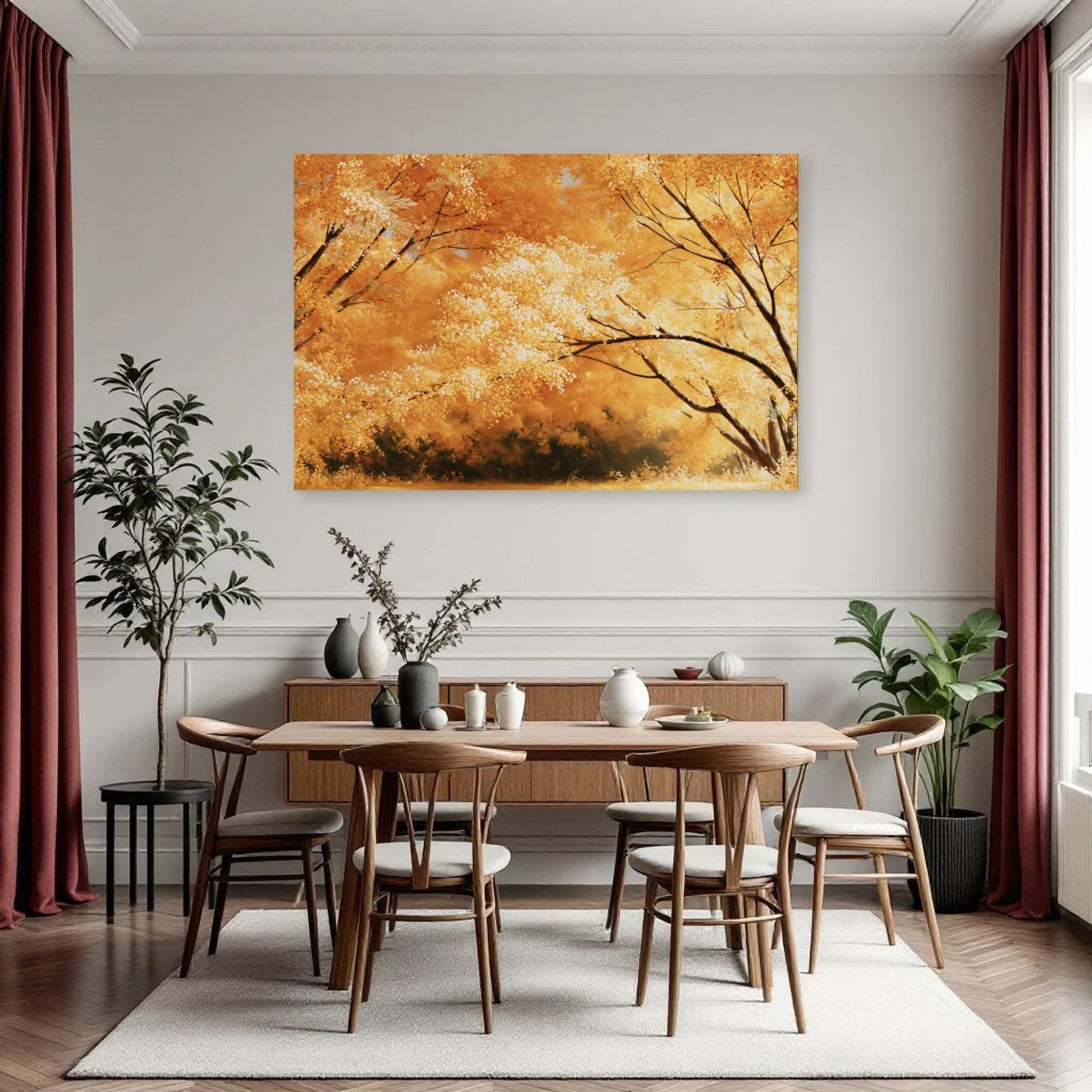 Paysage de mimosa jaune installé dans une cuisine lumineuse et boisée par Art Virtuoso