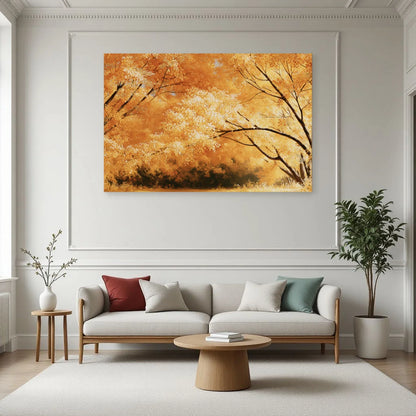 Tableau mimosa jaune panoramique installé au-dessus d'un canapé de salon par Art Virtuoso