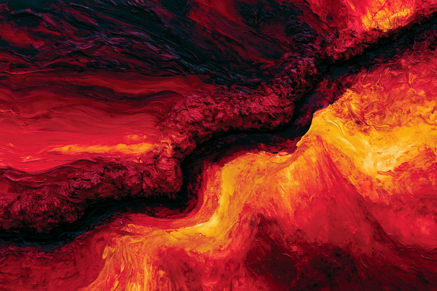abstraction rouge carmin traversée d’une faille noire et orange, toile horizontale en taille L