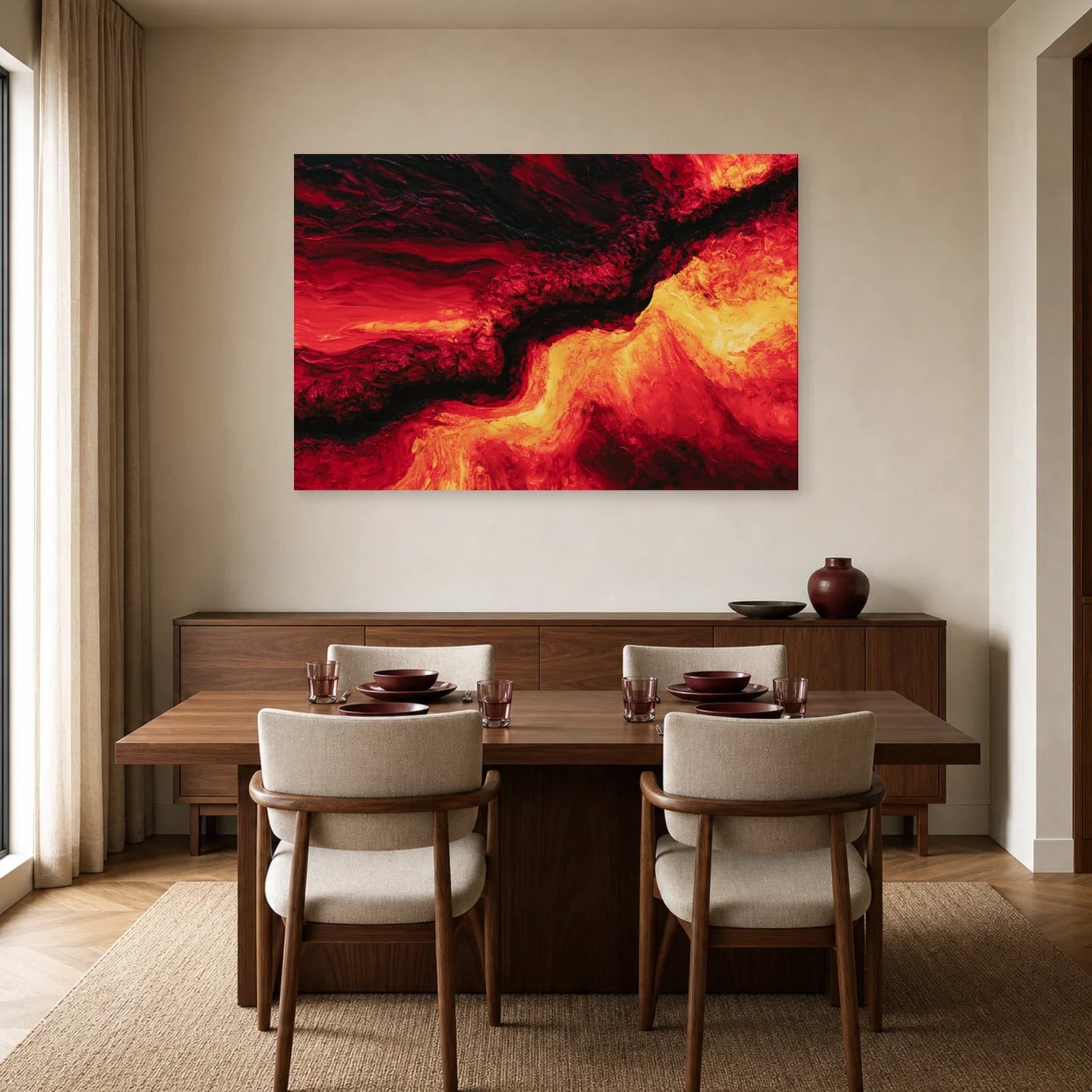 abstraction rouge carmin traversée d’une faille noire et orange, présenté dans une salle à manger chaleureuse