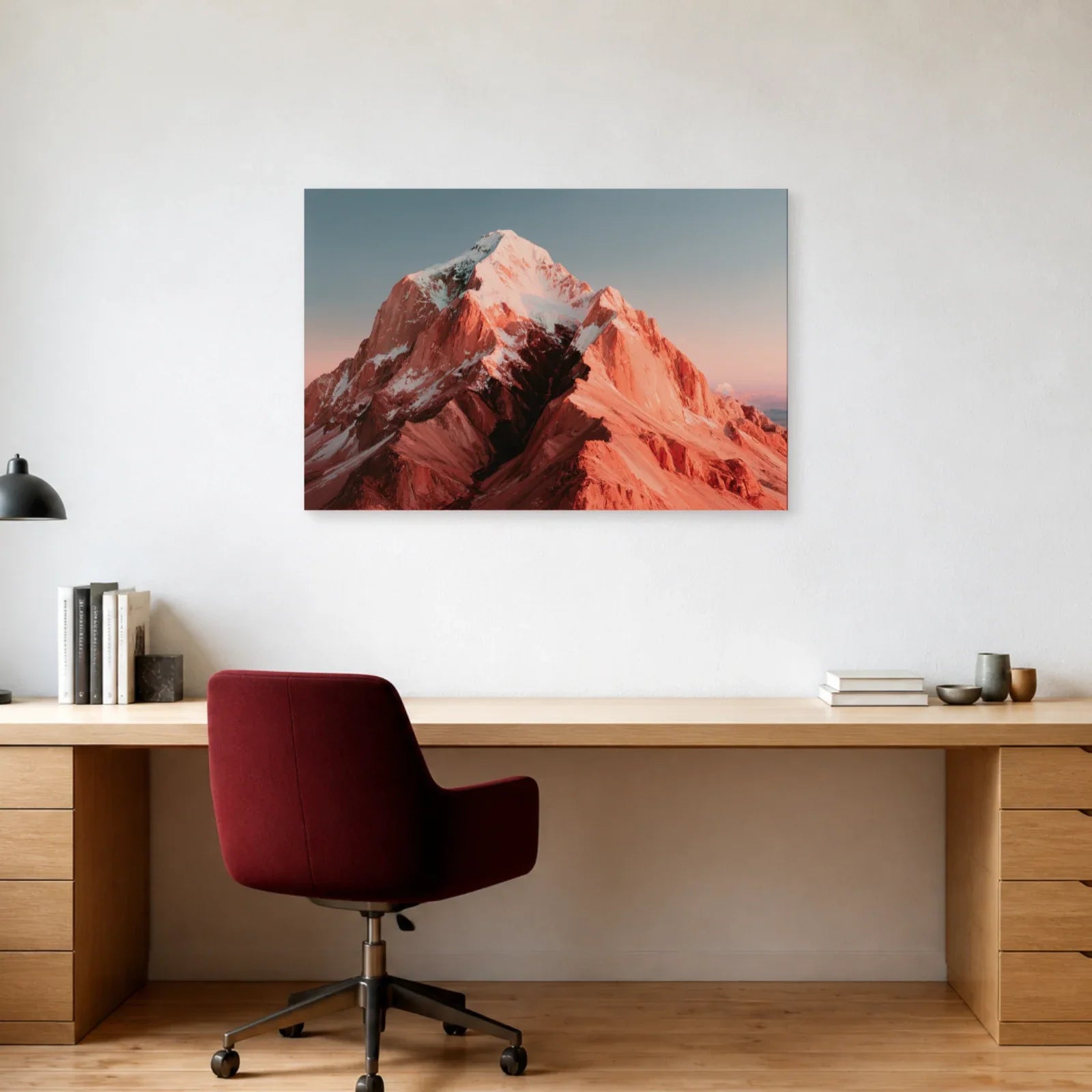 Tableau Montagnes Roses présenté dans un bureau - Art Virtuoso