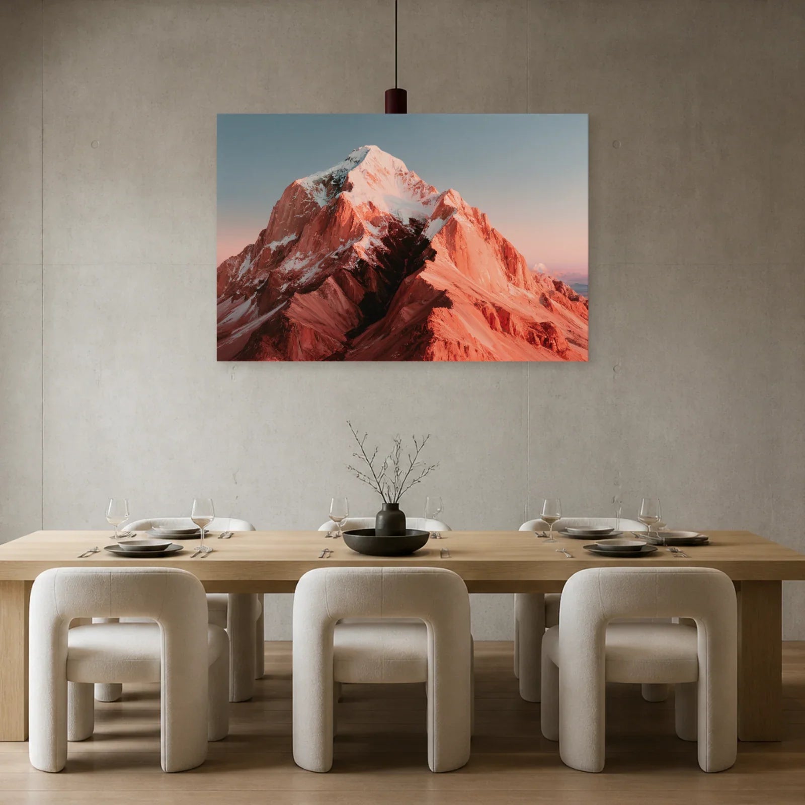 Tableau Montagnes Roses présenté dans une salle à manger - Art Virtuoso