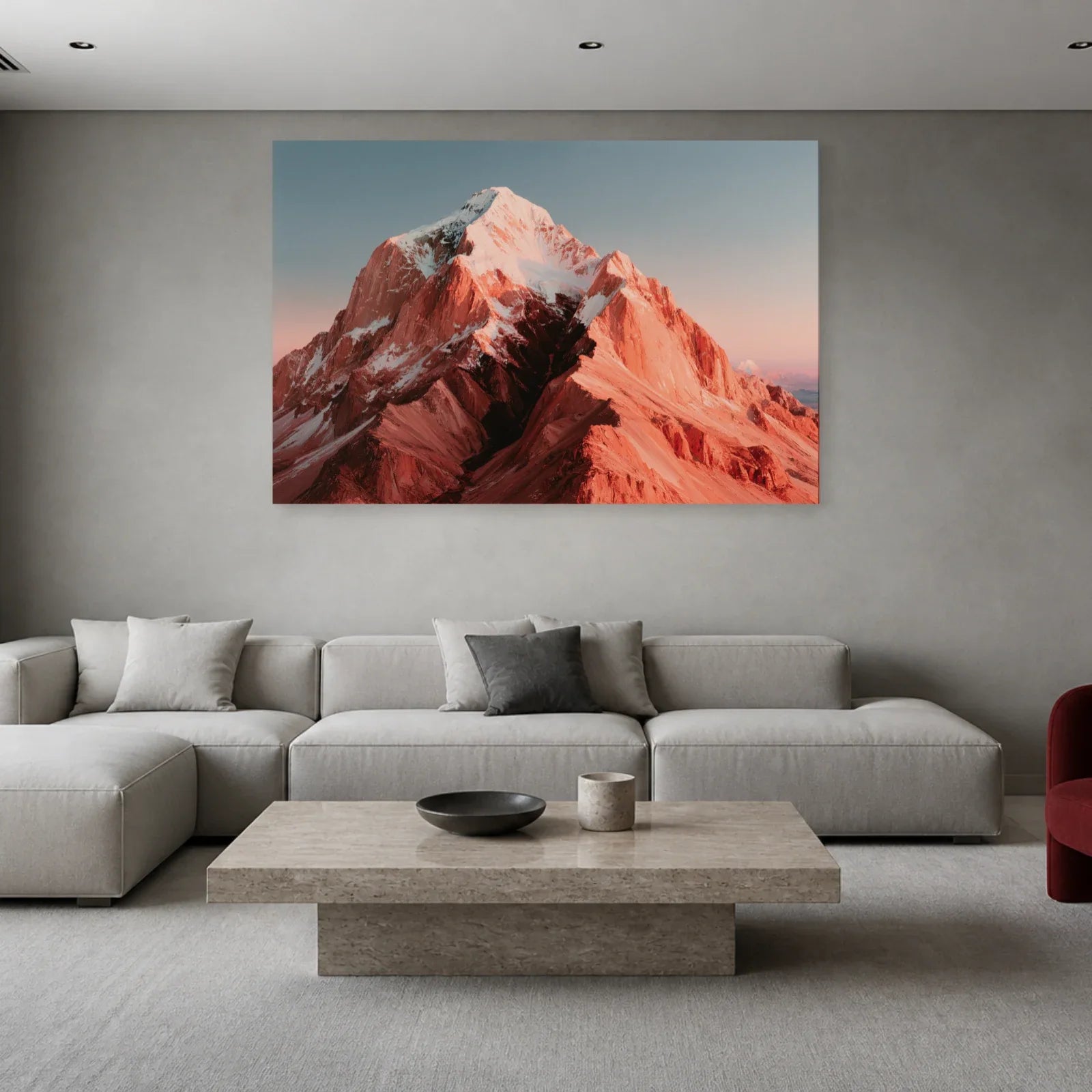 Tableau Montagnes Roses présenté dans un salon - Art Virtuoso