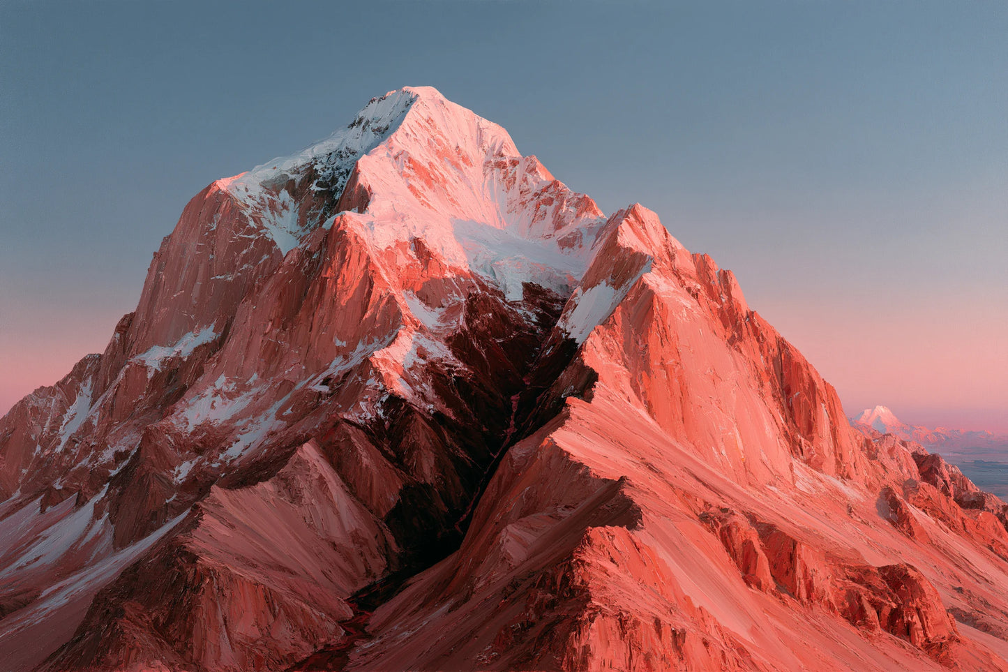 Tableau Montagnes Roses, une chaîne de montagnes rose intense sous un ciel aux lueurs mauves, format S - Art Virtuoso