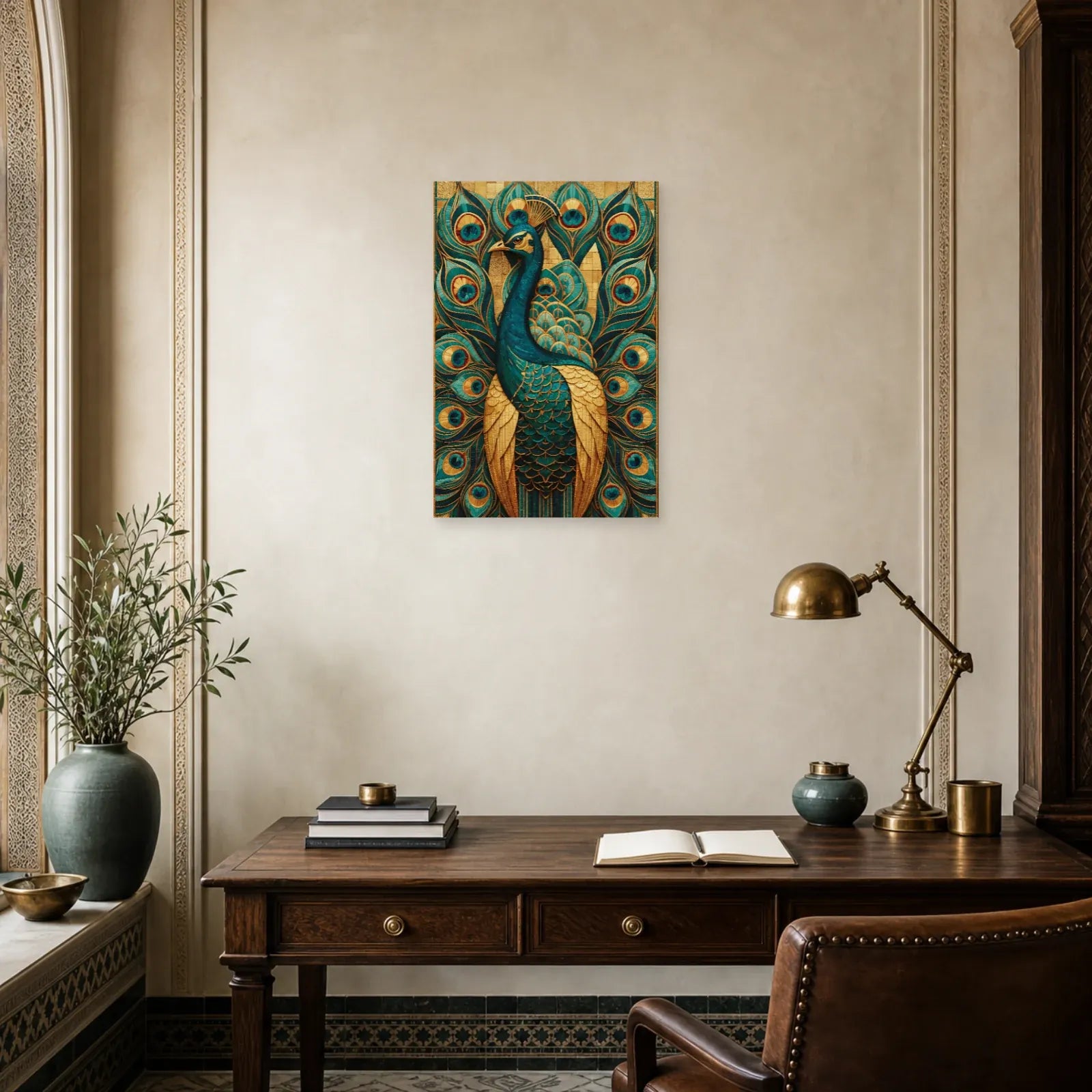 Tableau en Mosaïque Paon Byzantine Or - Plumes Impériales dans un bureau - Art Virtuoso