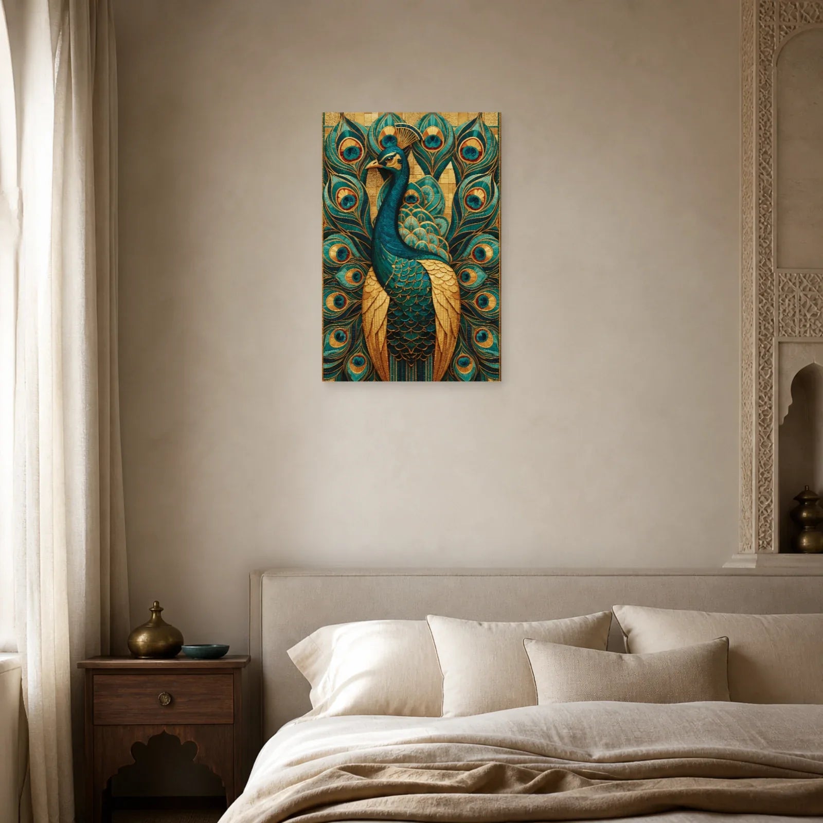 Tableau en Mosaïque Paon Byzantine Or - Plumes Impériales dans une chambre - Art Virtuoso