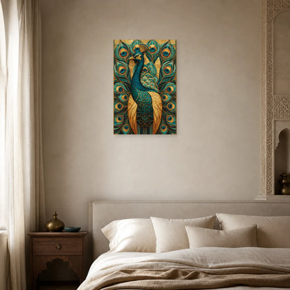 Tableau en Mosaïque Paon Byzantine Or - Plumes Impériales dans une chambre - Art Virtuoso