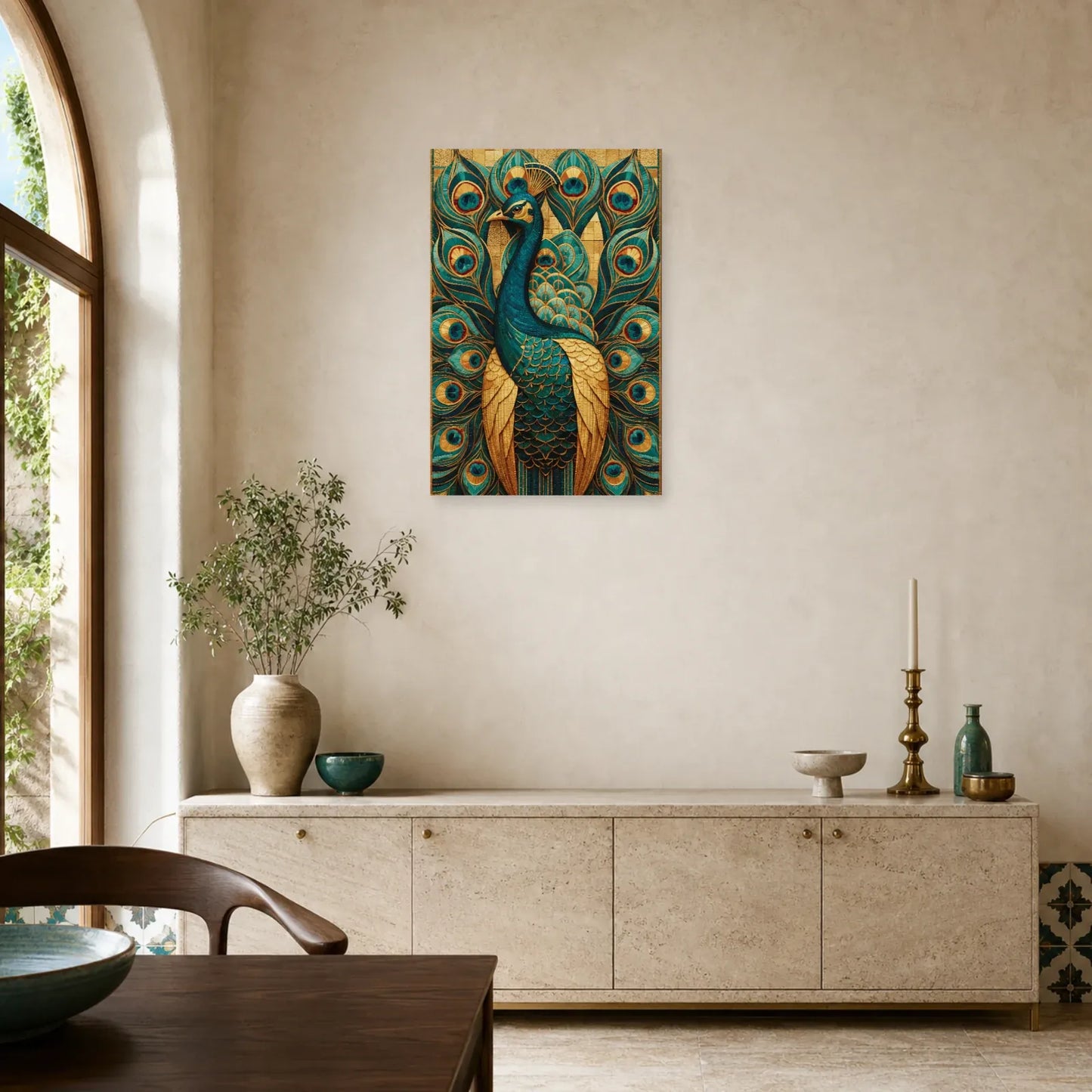 Tableau en Mosaïque Paon Byzantine Or - Plumes Impériales dans une cuisine - Art Virtuoso