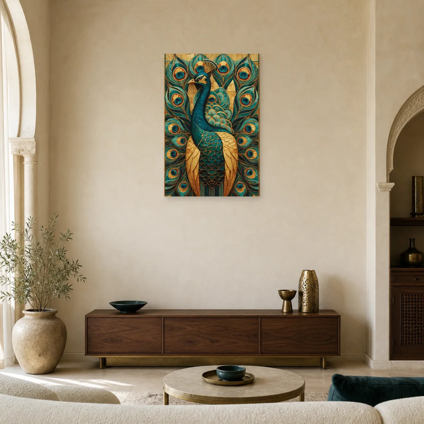Tableau en Mosaïque Paon Byzantine Or - Plumes Impériales dans un salon - Art Virtuoso