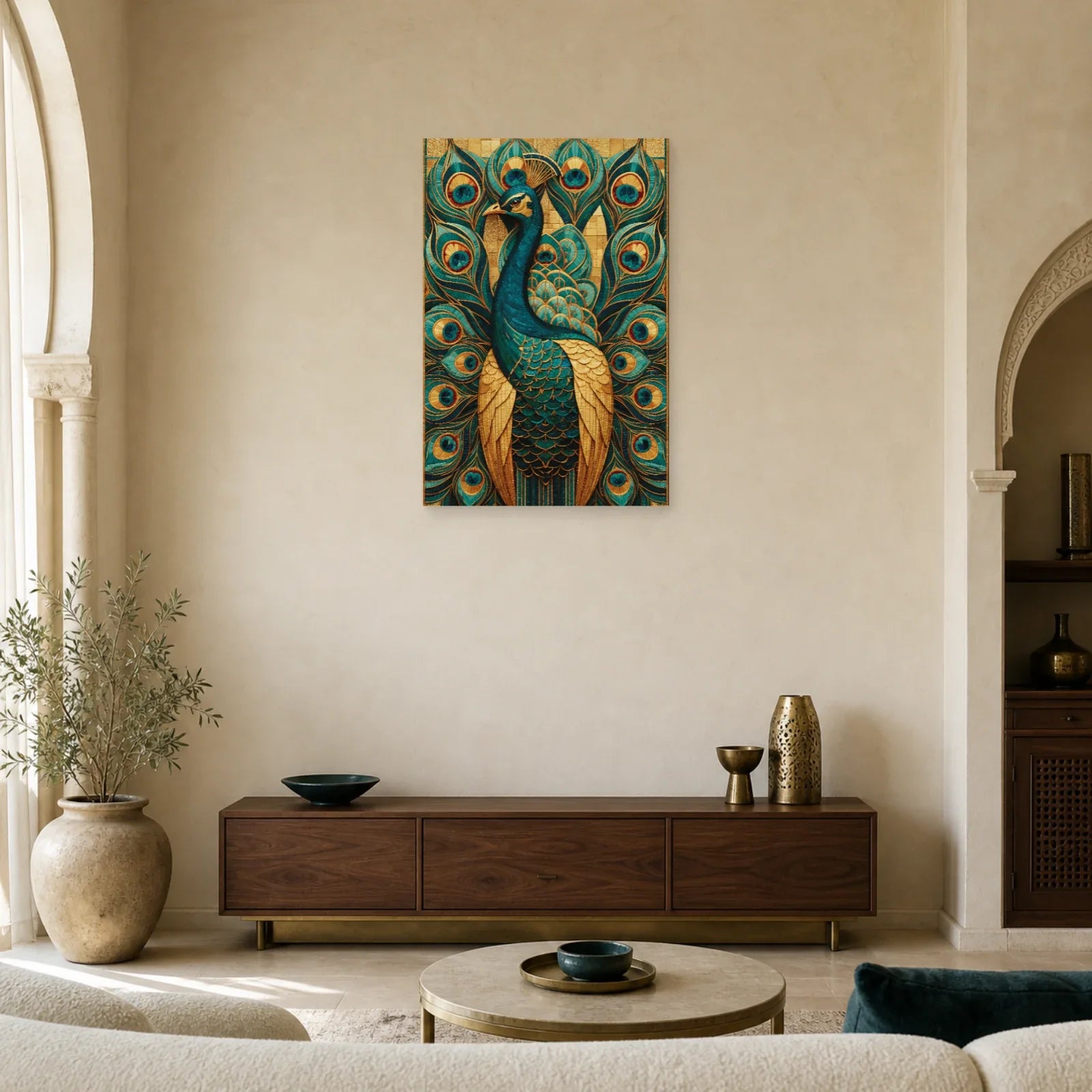 Tableau en Mosaïque Paon Byzantine Or - Plumes Impériales dans un salon - Art Virtuoso