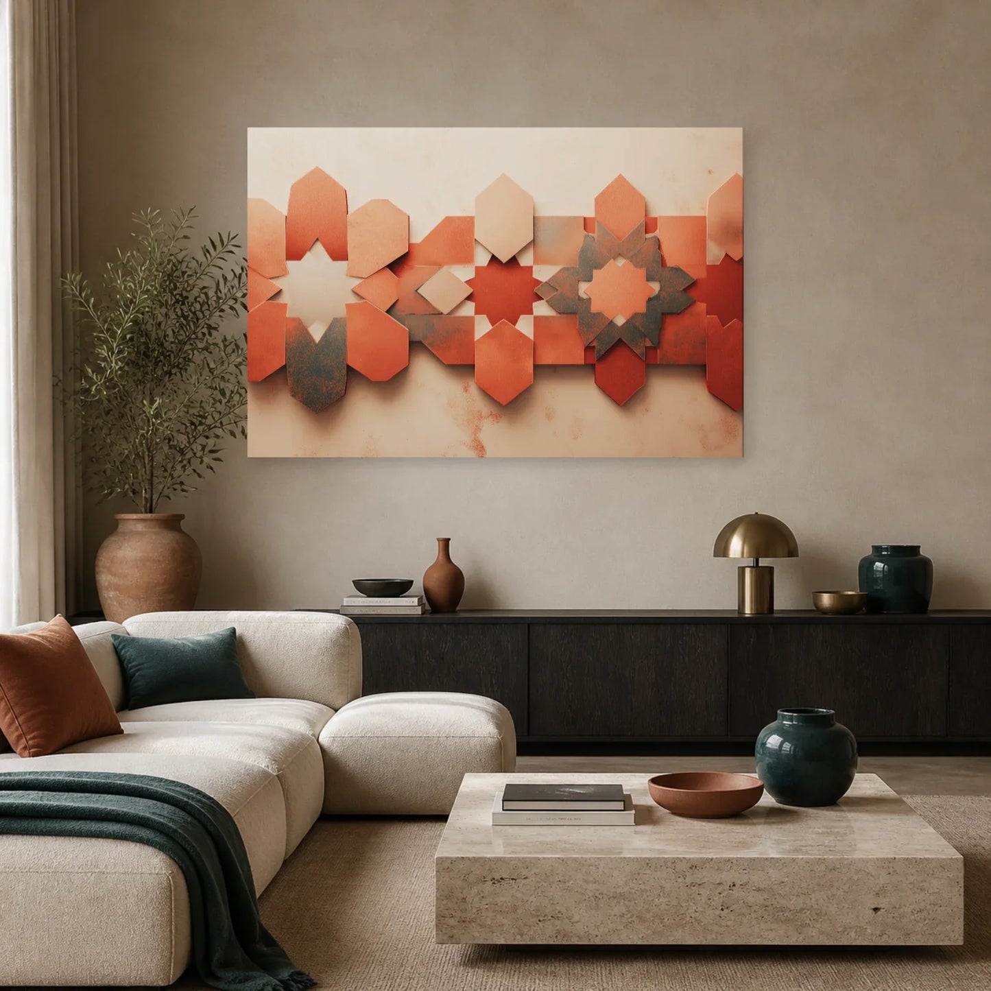 Tableau Mosaique Zellige Terracotta dans un salon - Art Virtuoso