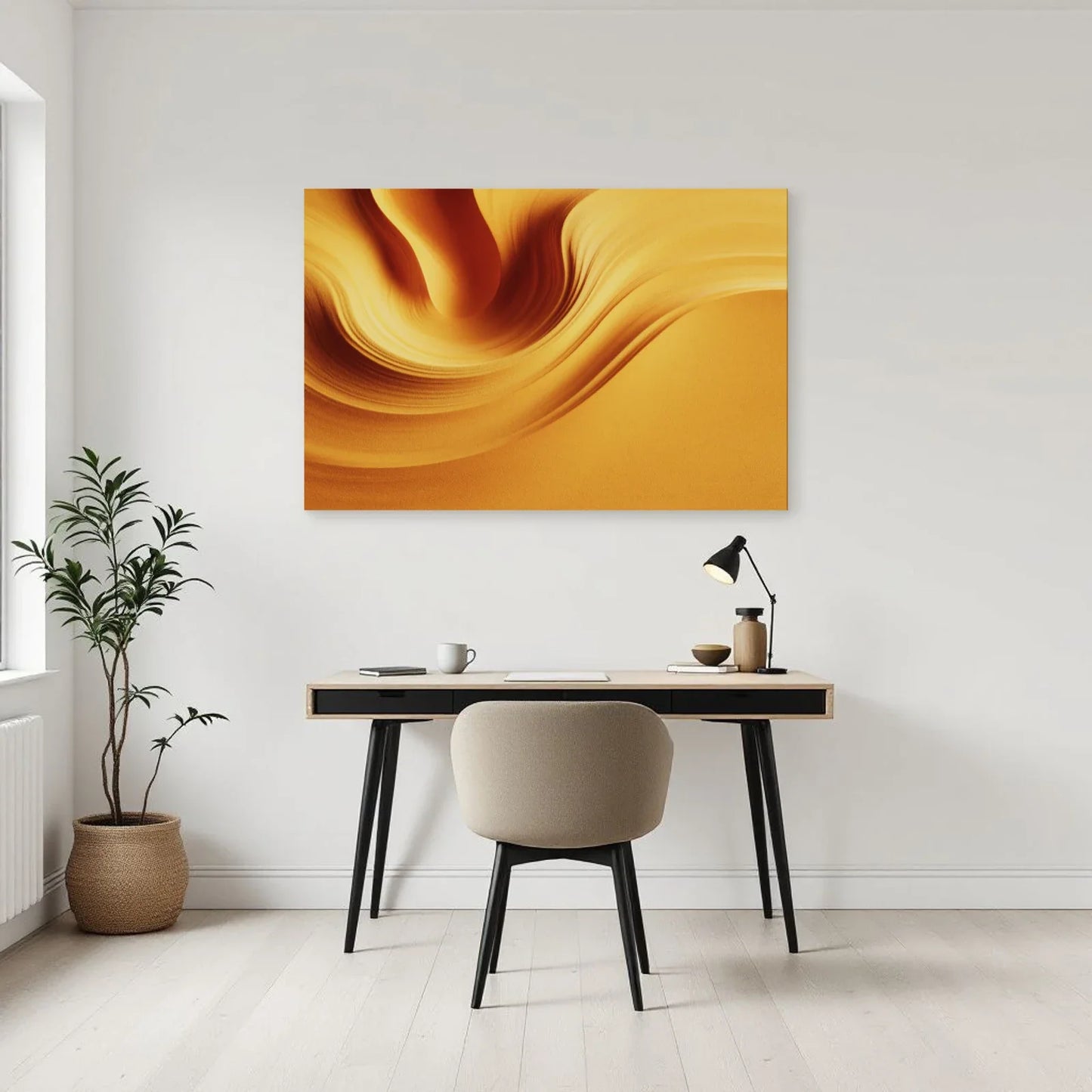 Tableau abstrait jaune moutarde dans un bureau calme et contemporain Art Virtuoso