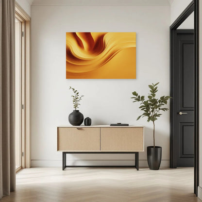 Tableau jaune moutarde à strates au-dessus d'une console d'entrée Art Virtuoso