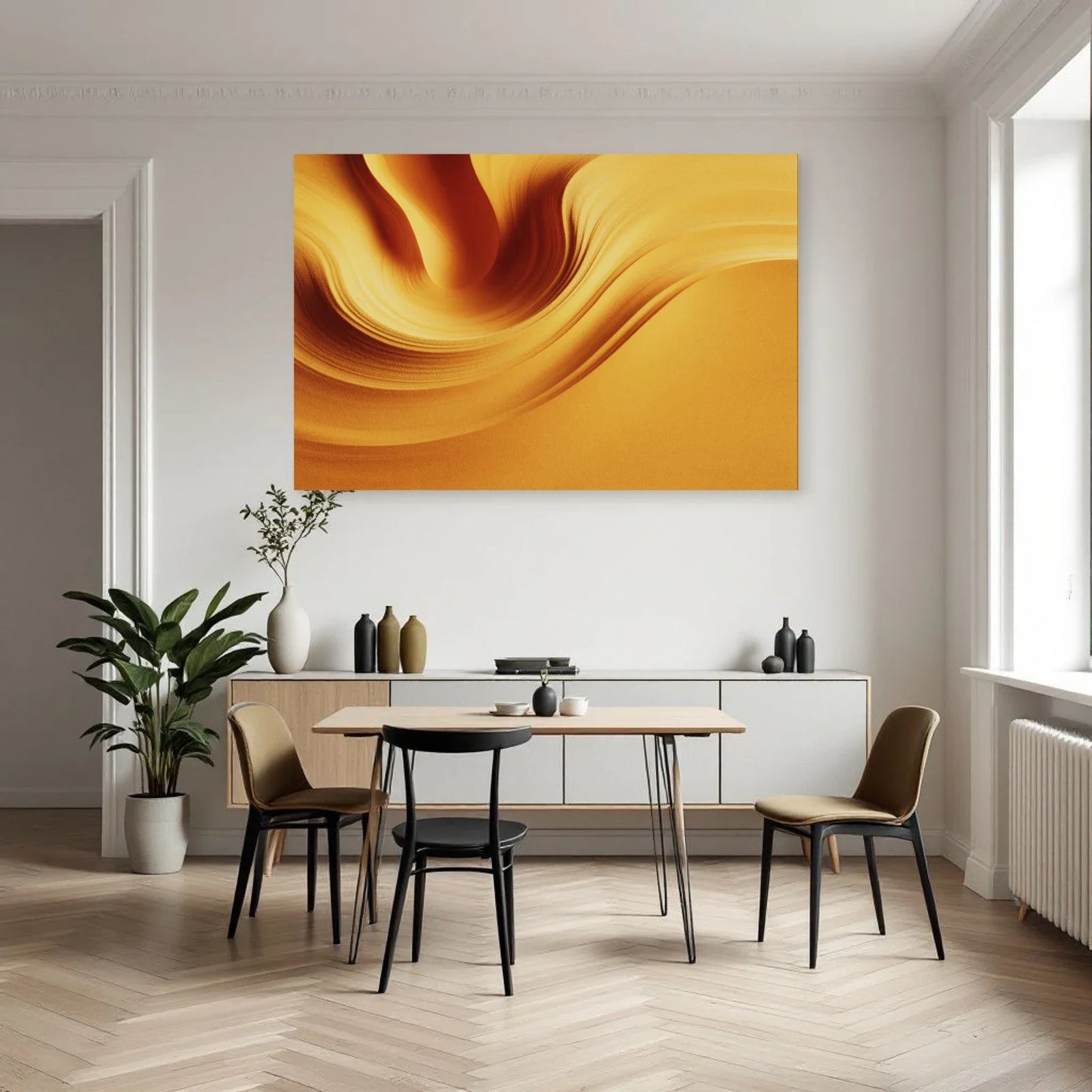 Tableau moutarde organique dans une cuisine aux lignes épurées Art Virtuoso