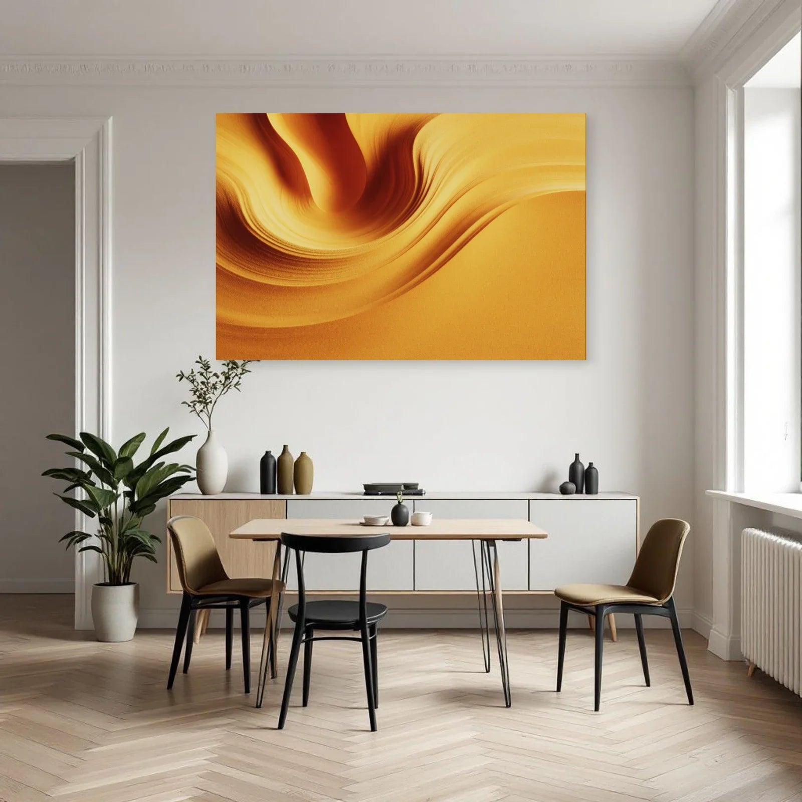 Tableau moutarde organique dans une cuisine aux lignes épurées Art Virtuoso
