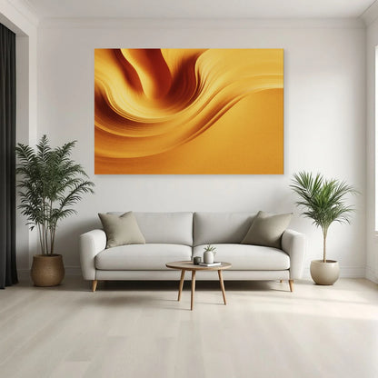 Tableau moutarde à courbes fluides au-dessus d'un canapé en noyer Art Virtuoso