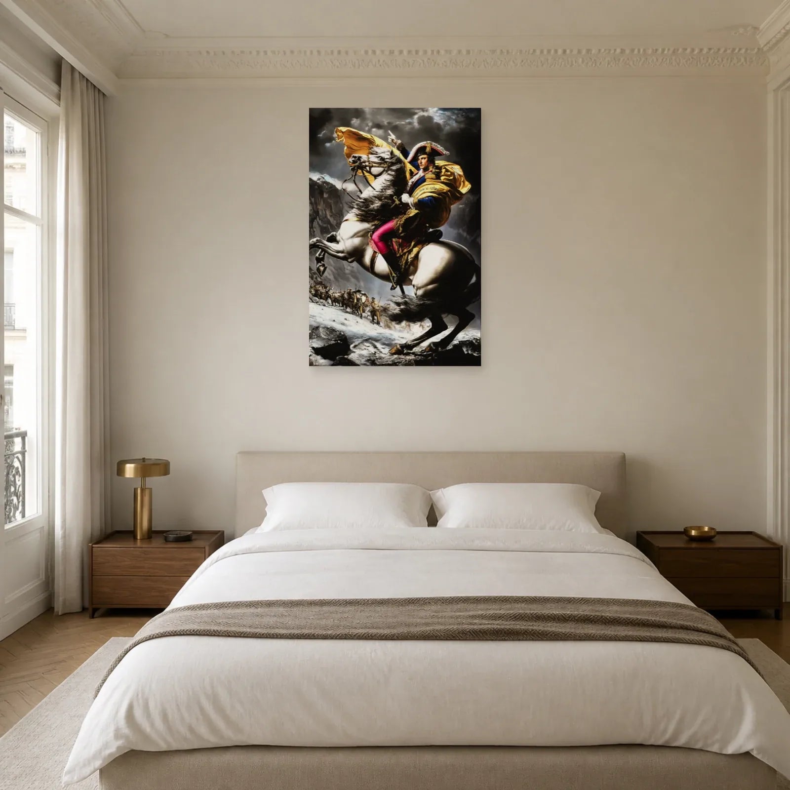 Tableau au cheval blanc et à la cape d'or présenté dans une chambre