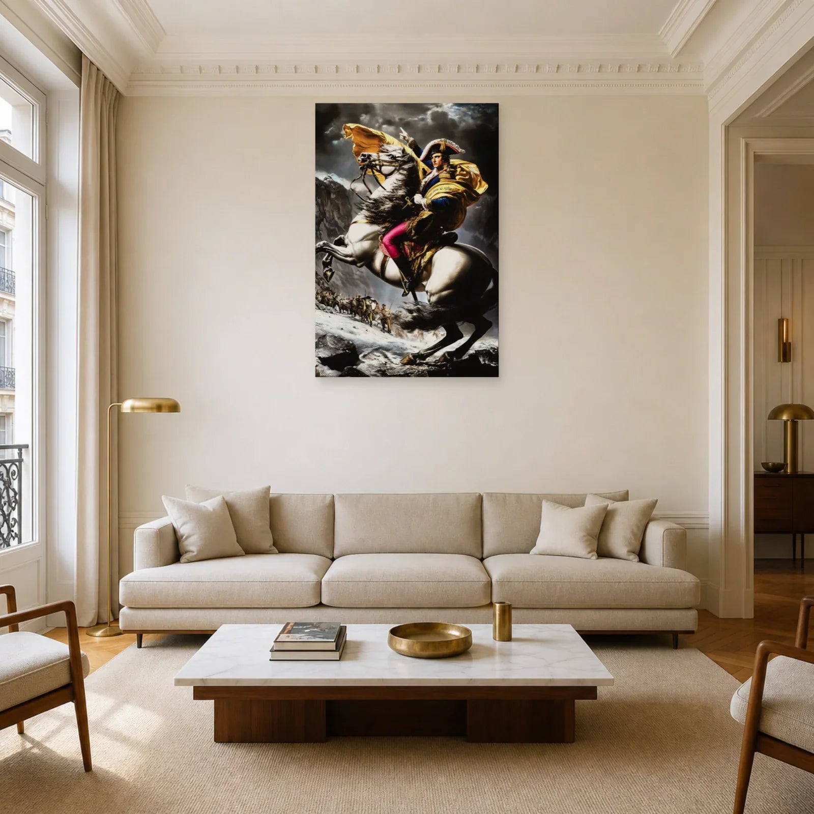 Tableau Napoléon à cheval exposé dans un salon de caractère
