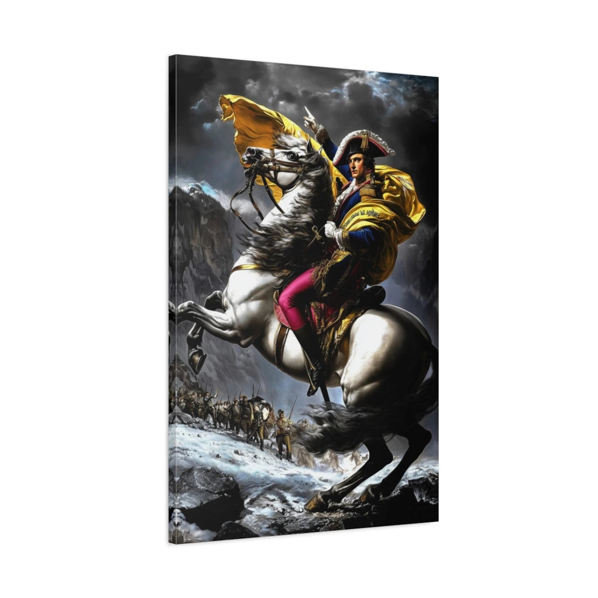 Vue 3D de côté du tableau Napoléon à cheval avec cape jaune-or