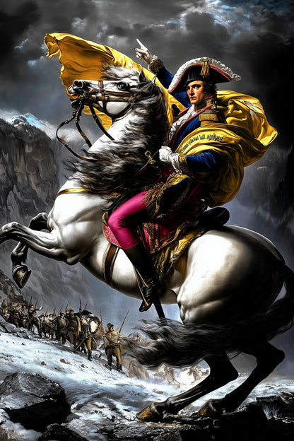 Napoléon au bicorne et cape d'or sur montagnes enneigées, format XL