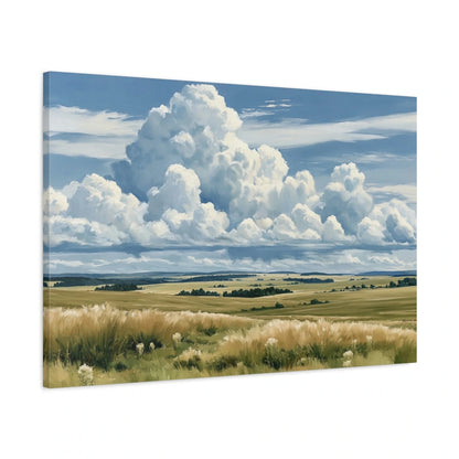 Tableau nature campagne lumineuse avec grand ciel et nuages - toile 3D avec bords imprimés visibles