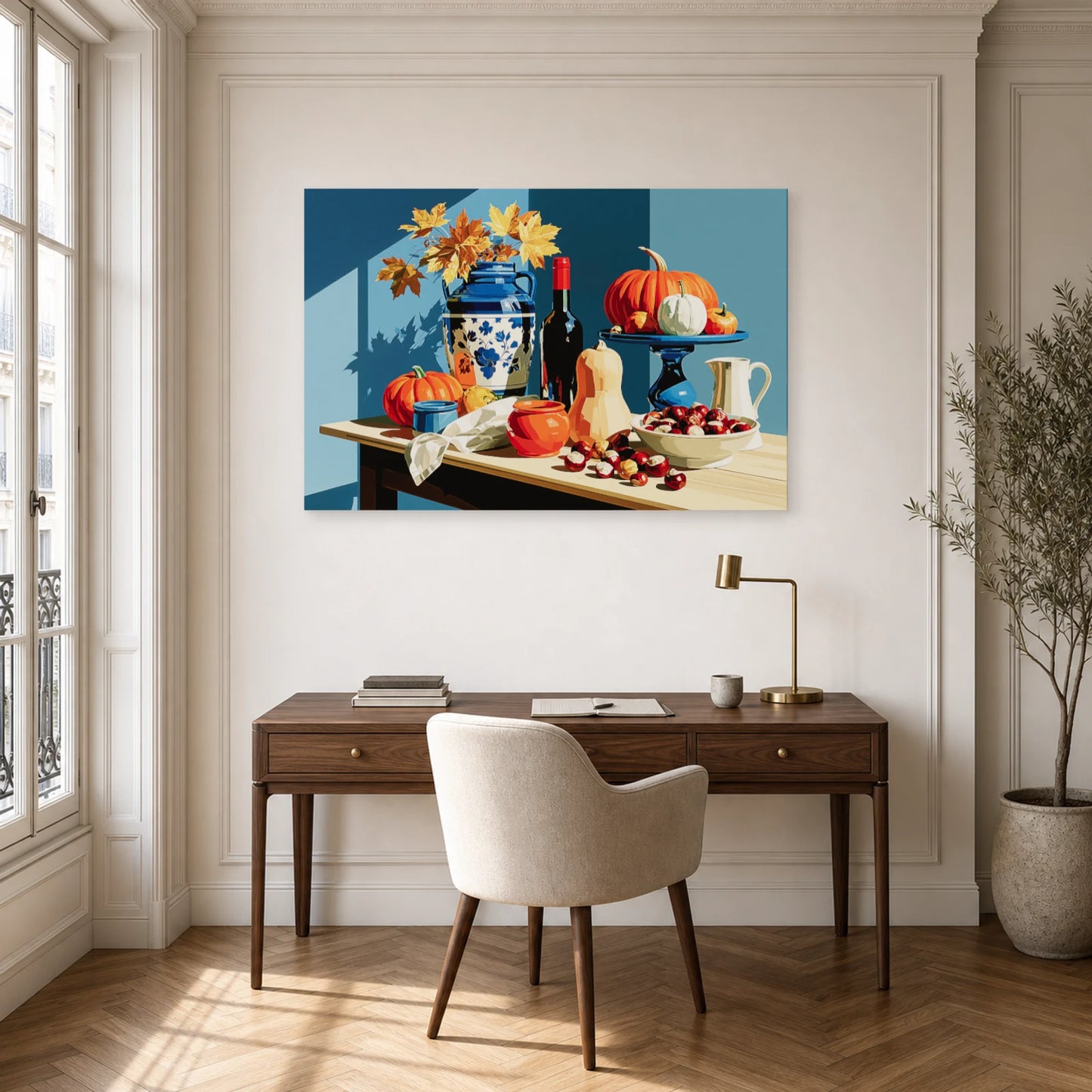 Tableau Nature Morte Automne Courges Chataignes dans un bureau - Art Virtuoso