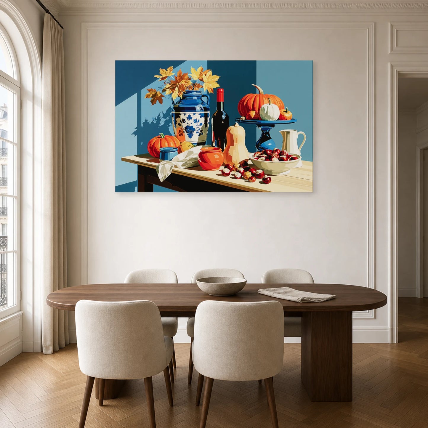 Tableau Nature Morte Automne Courges Chataignes dans une cuisine - Art Virtuoso