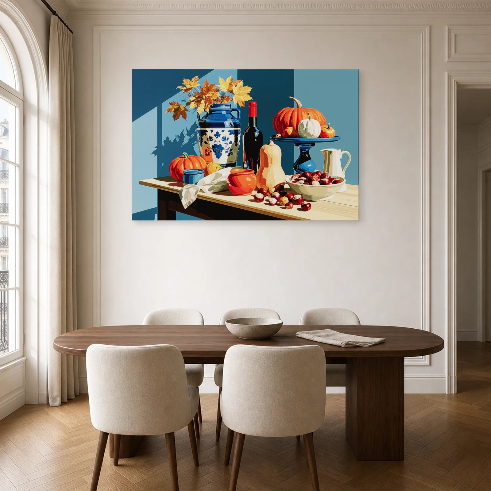 Tableau Nature Morte Automne Courges Chataignes dans une cuisine - Art Virtuoso