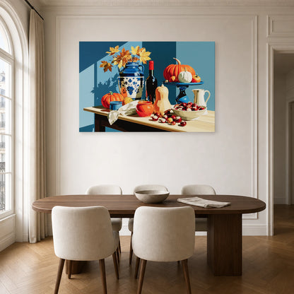 Tableau Nature Morte Automne Courges Chataignes dans une cuisine - Art Virtuoso