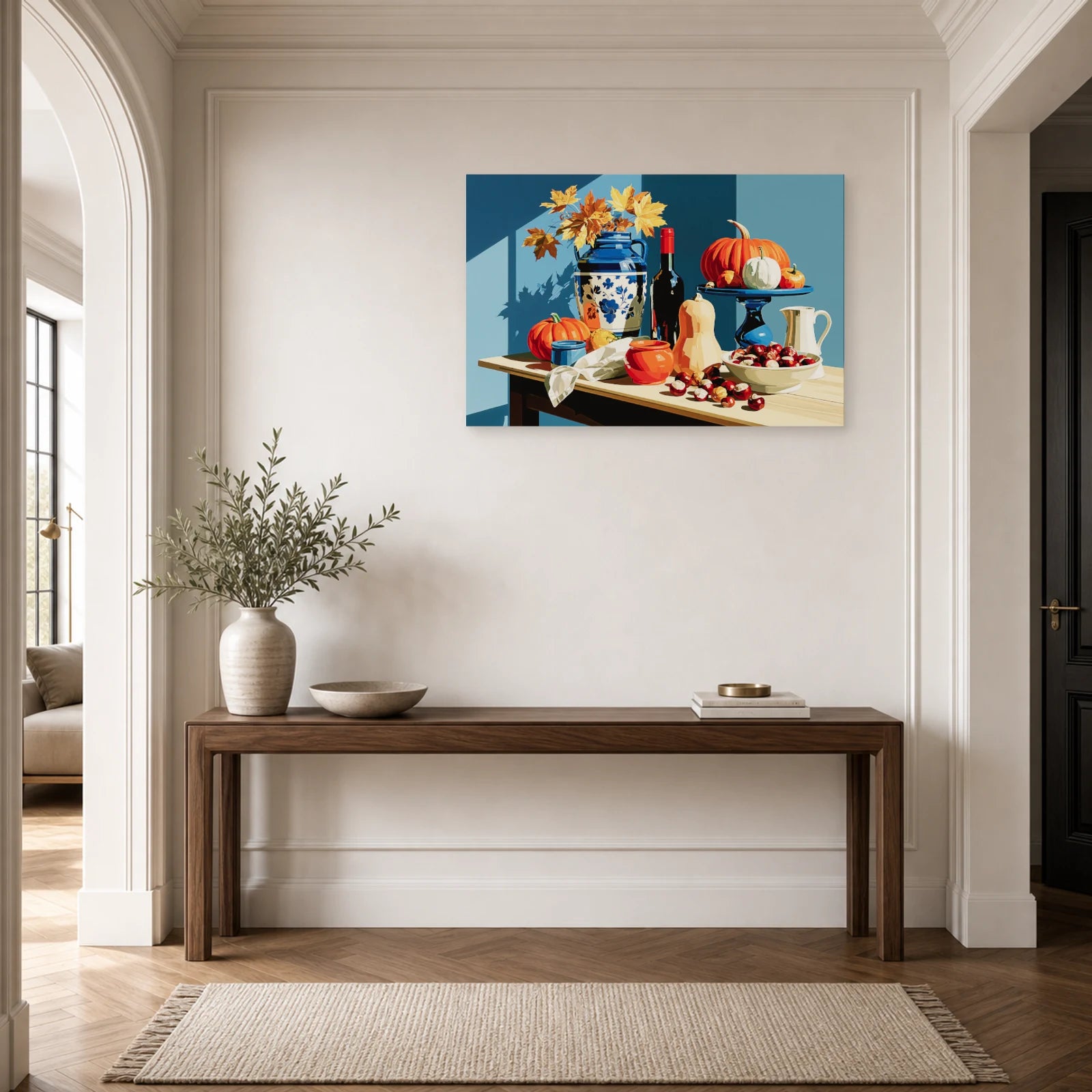 Tableau Nature Morte Automne Courges Chataignes dans une entree ou un couloir - Art Virtuoso