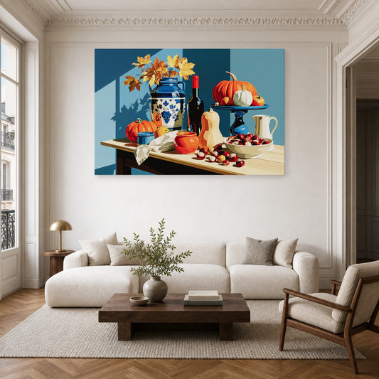 Tableau Nature Morte Automne Courges Chataignes dans un salon - Art Virtuoso