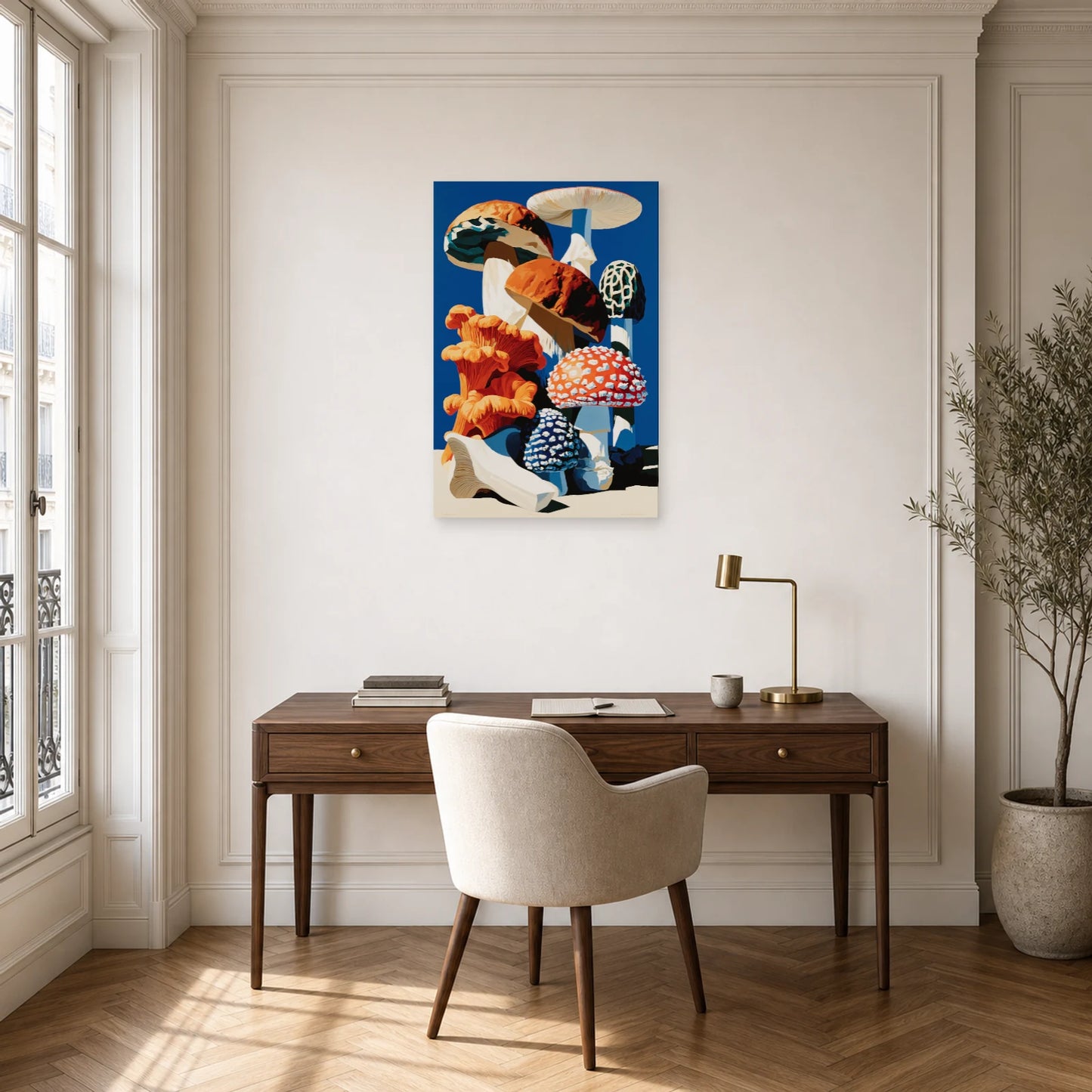 Tableau Nature Morte Botanique Champignons Planche dans un bureau - Art Virtuoso