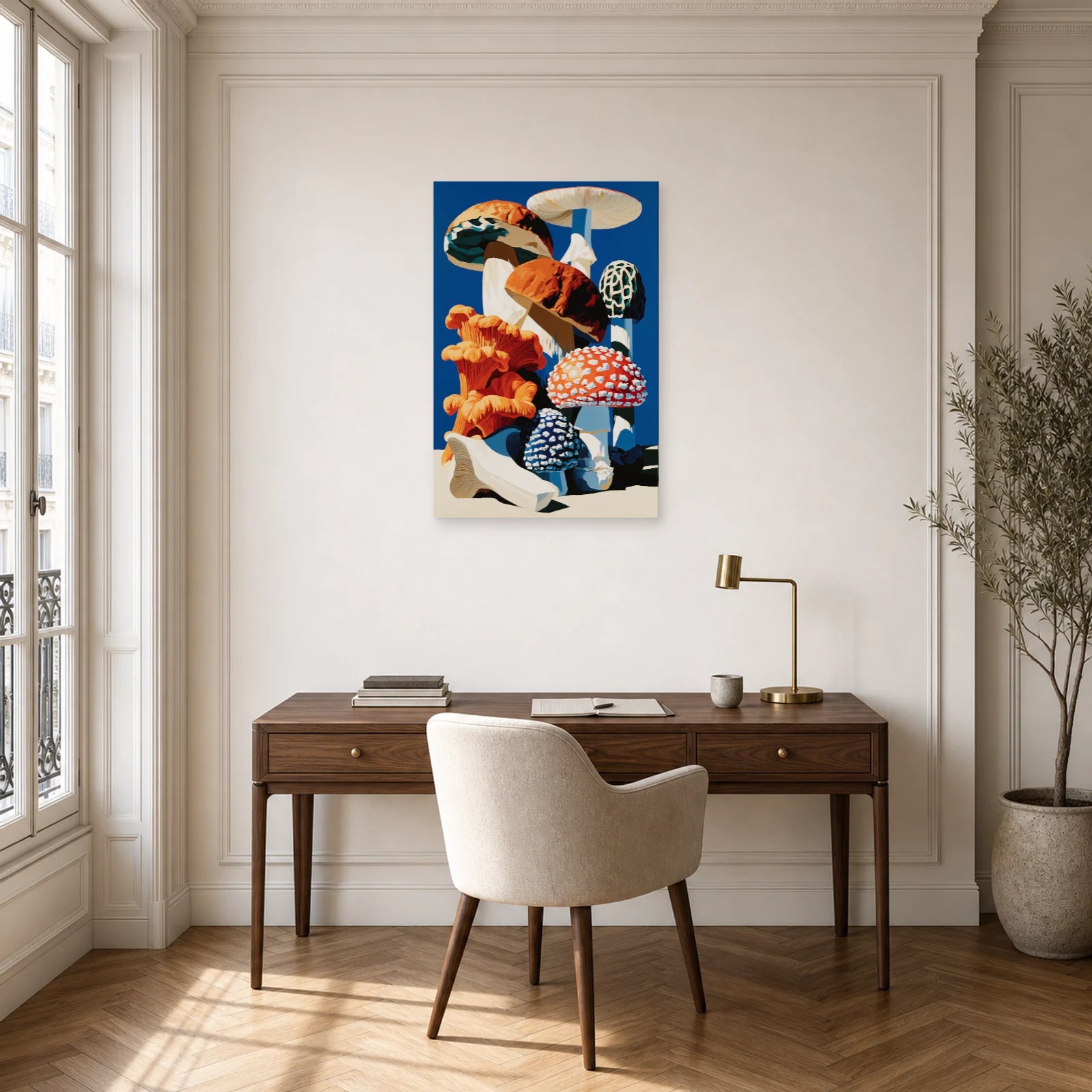 Tableau Nature Morte Botanique Champignons Planche dans un bureau - Art Virtuoso