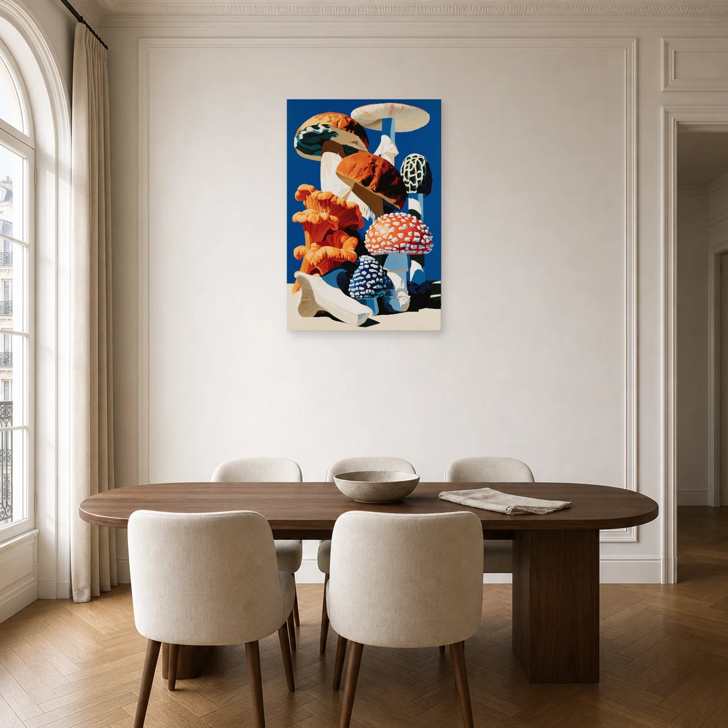 Tableau Nature Morte Botanique Champignons Planche dans une cuisine - Art Virtuoso