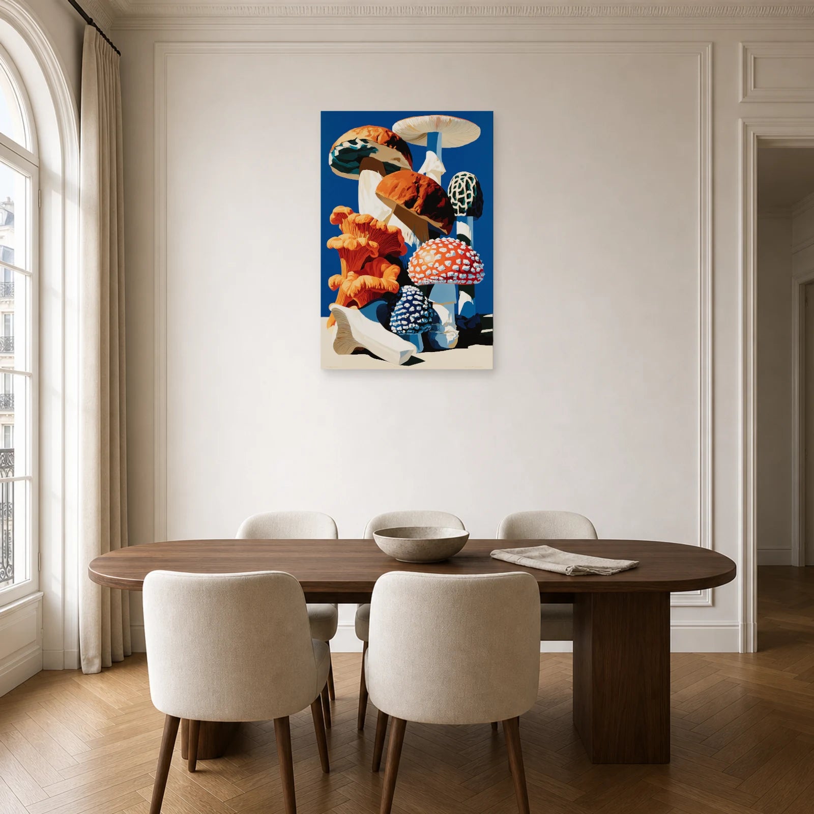 Tableau Nature Morte Botanique Champignons Planche dans une cuisine - Art Virtuoso