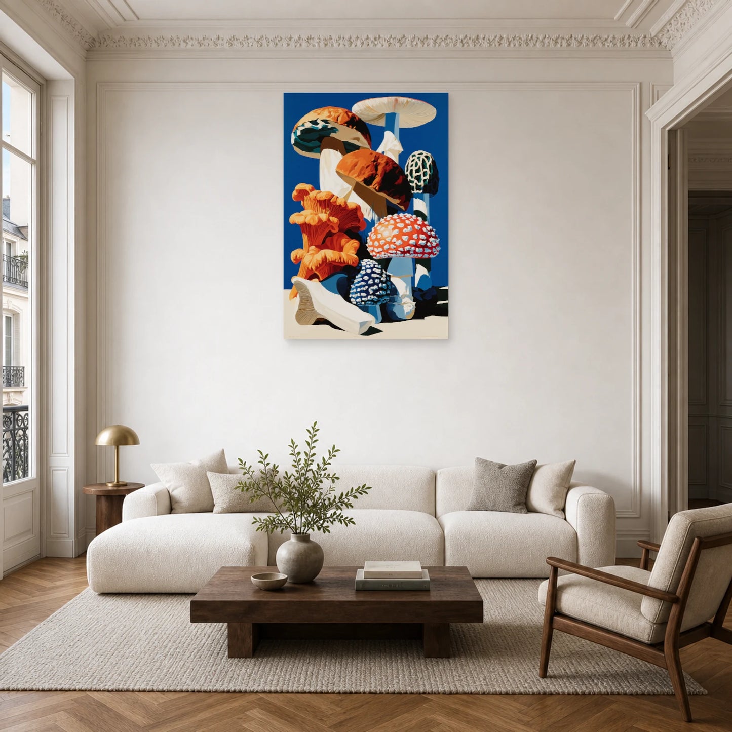 Tableau Nature Morte Botanique Champignons Planche dans un salon - Art Virtuoso