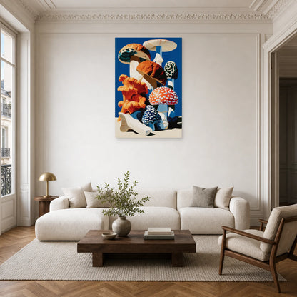 Tableau Nature Morte Botanique Champignons Planche dans un salon - Art Virtuoso