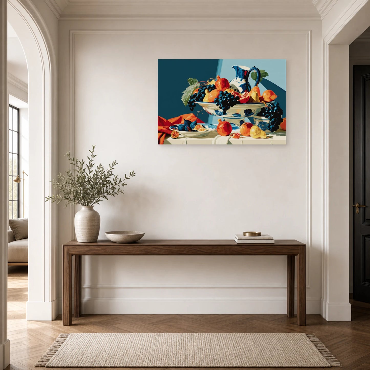 Tableau Nature Morte Caravage Clair Obscur Fruits dans une entree ou un couloir - Art Virtuoso