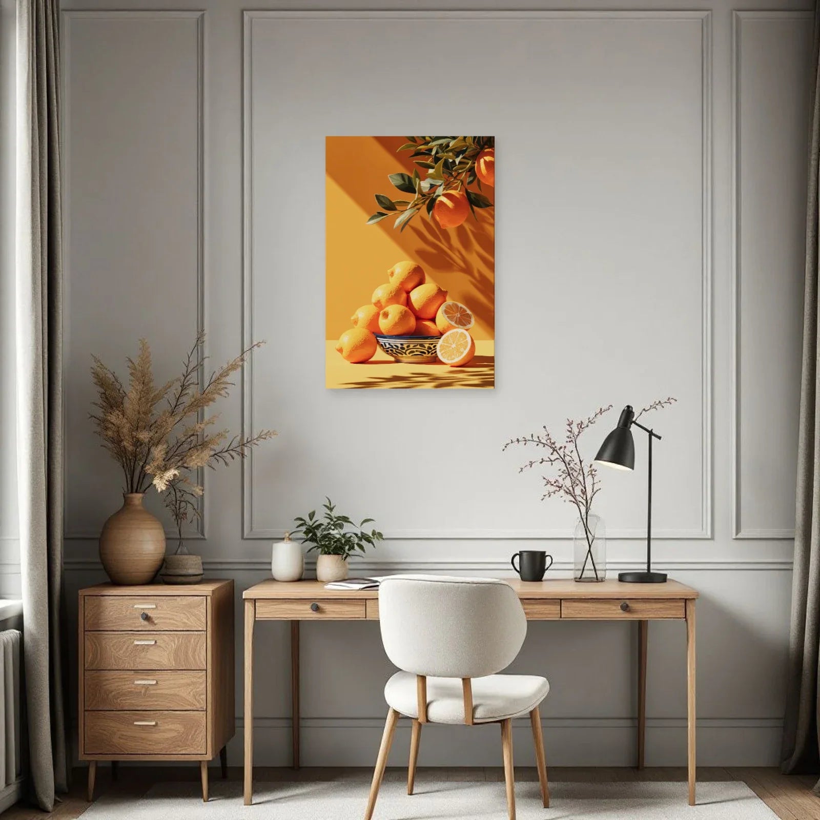 Tableau de citrons et compotier bleu installé dans un bureau chaleureux par Art Virtuoso