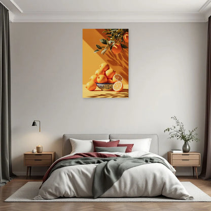 Toile verticale aux citrons jaunes exposée dans une chambre colorée par Art Virtuoso