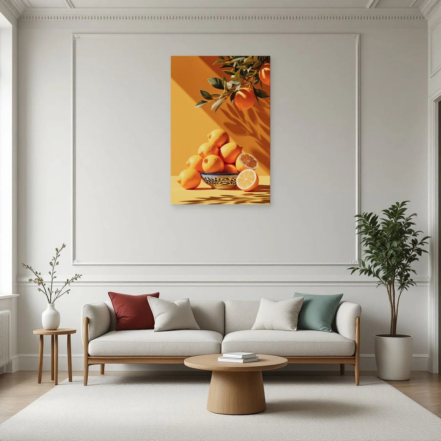 Nature morte verticale aux citrons jaunes présentée dans un salon lumineux par Art Virtuoso