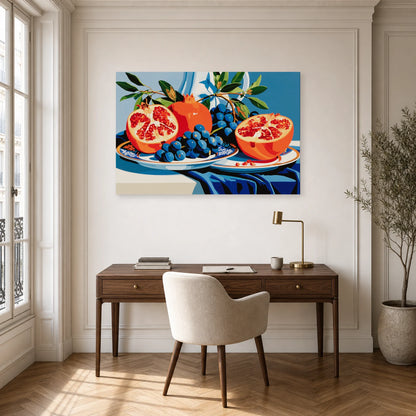 Tableau Nature Morte Doree Vaisselle Grenade dans un bureau - Art Virtuoso