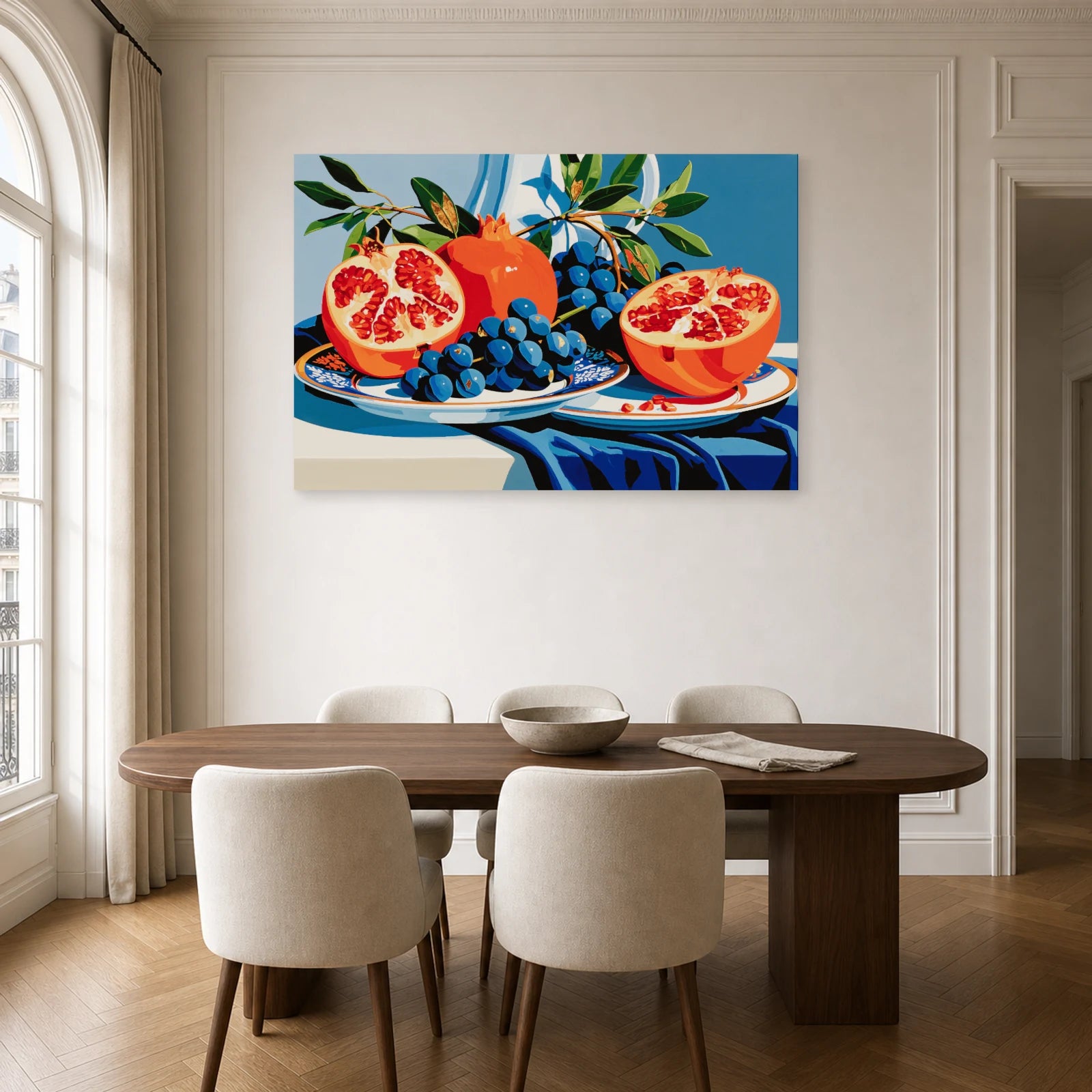 Tableau Nature Morte Doree Vaisselle Grenade dans une cuisine - Art Virtuoso