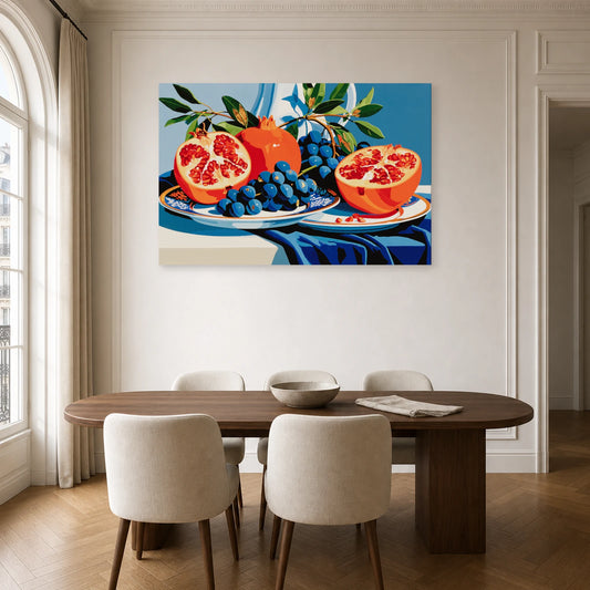 Tableau Nature Morte Doree Vaisselle Grenade dans une cuisine - Art Virtuoso