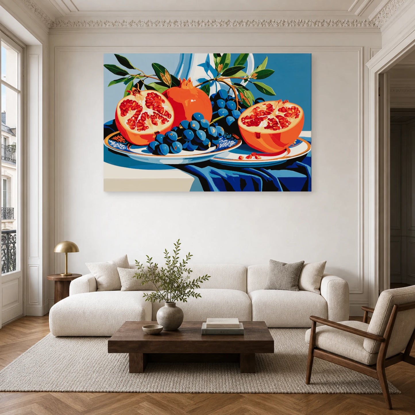 Tableau Nature Morte Doree Vaisselle Grenade dans un salon - Art Virtuoso