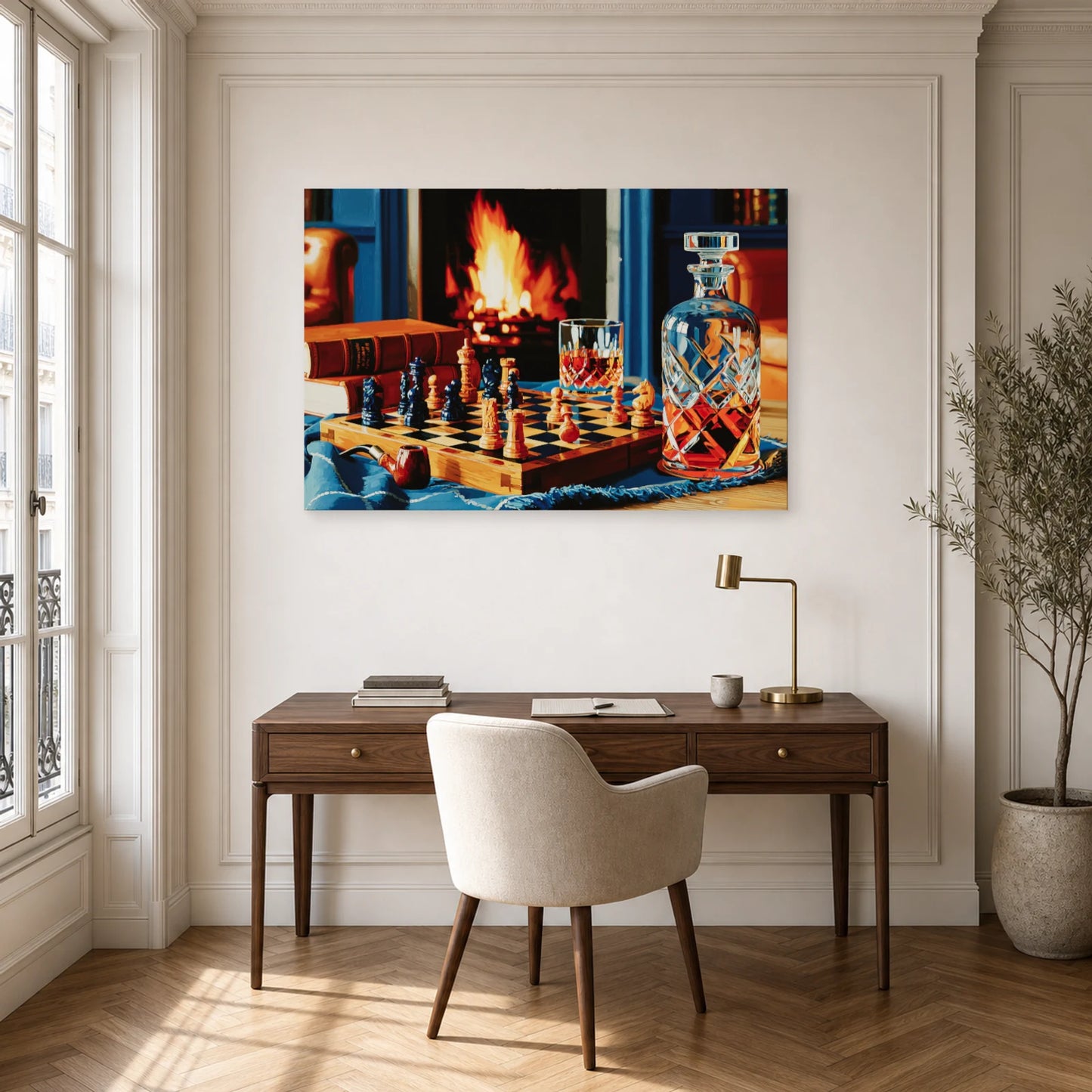 Tableau Nature Morte Echiquier Pipe Livre Bibliotheque dans un bureau - Art Virtuoso