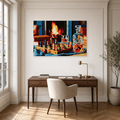 Tableau Nature Morte Echiquier Pipe Livre Bibliotheque dans un bureau - Art Virtuoso